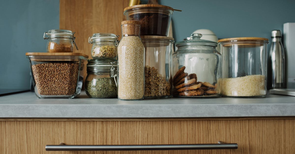 Kitchen counter with organized pantry jars and ingredients