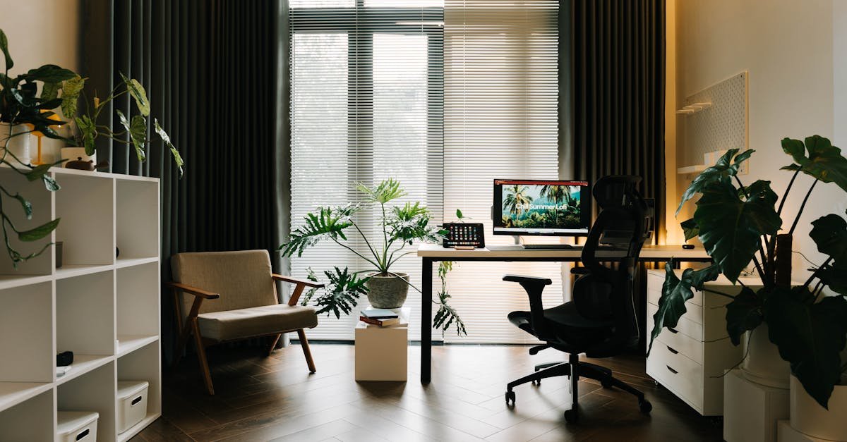 Modern workspace with desk, greenery, and adaptable storage