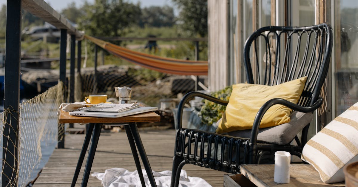 Relaxed outdoor porch with table and hammock